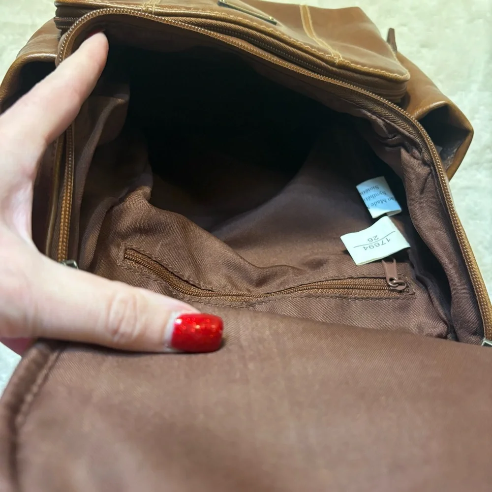 Connections Mini Backpack Tan Cognac Faux Leather Brass-tone Hardware Brown Intr